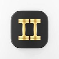 Top view golden dumbbells icon. 3d rendering black square button key, interface ui ux element. photo