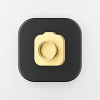 Gold photo camera icon. 3d rendering black square button key, interface ui ux element.