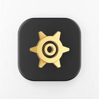 Gold gear icon in cartoon style. 3d rendering black square button key, interface ui ux element. photo