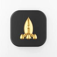 icono de cohete espacial dorado. Botón de tecla cuadrada negra de representación 3d, elemento ui ux de interfaz. foto