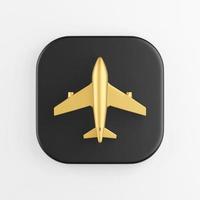 icono de avión dorado. Botón de tecla cuadrada negra de representación 3d, elemento ui ux de interfaz. foto