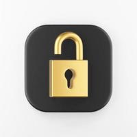 Golden open padlock icon. 3d rendering black square key button, interface ui ux element. photo