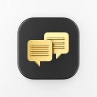 Gold square speech bubbles icon. 3d rendering black square key button, interface ui ux element. photo