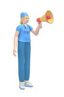 Medical character A young white female doctor says, shouts into a megaphone to the attention, danger. Cartoon person isolated on a white background. 3D rendering. photo