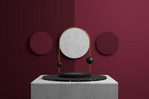 3D rendering abstract vacant product stand. Steps made of black and white marble on a concrete base, a gold metal arch, a dark, light red background with round elements. Copy space, geometric concept. photo