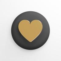 Golden flat heart icon, black round button. 3D rendering. photo