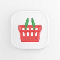 3d rendering square white button icon, red supermarket shopping basket, isolated on white background. photo