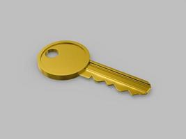 Golden one color key on surface on gray flat background. Minimalistic design object. 3d rendering icon ui ux interface element. photo