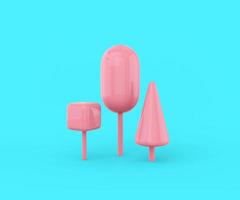 árboles rosados de diferentes formas geométricas cubo, óvalo, cono sobre un fondo azul. objeto de diseño minimalista. representación 3d foto