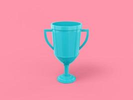 Blue single color winner cup on pink monochrome background. Minimalistic design object. 3d rendering icon ui ux interface element. photo