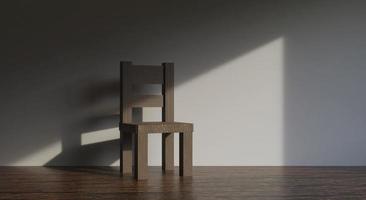 silla en la habitación vacía y pisos de madera con luz solar proyectan sombras en las paredes, vistas mínimas de diseño de interiores. renderizado 3d foto