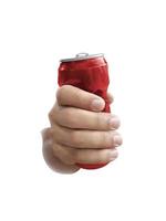 Compressed cans in hand isolated on white background photo