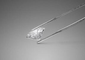 Shiny brilliant diamond placed on gray background in diamond tweezers. 3d render photo