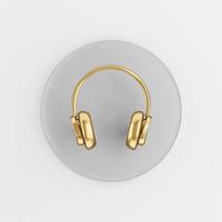 Gold headphones icon in cartoon style. 3d rendering gray round button key, interface ui ux element. photo