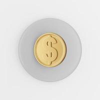 Dollar gold coin icon in cartoon style. 3d rendering gray round button key, interface ui ux element.