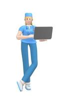 Medical character Young white female doctor in a suit holding a laptop. Cartoon person isolated on a white background. 3D rendering. photo