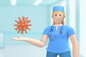 Female doctor in the medical interior of the hospital open palm with a microbe, a bacterium. Cartoon person. 3D rendering. photo