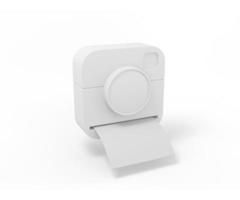 White camera with instant photos on a white background. Minimalistic design object. 3d rendering icon ui ux interface element.