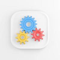 3D rendering square white button icon, multicolored gears isolated on white background. photo