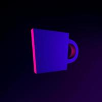 Neon mug icon, coffee break. 3d rendering interface iu ux element. Dark glowing symbol. photo