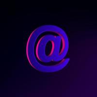 Neon email icon, at sign. 3d rendering ui ux interface element. Dark glowing symbol. photo