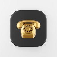 Golden vintage telephone icon. 3d rendering black squre key button, interface ui ux element. photo