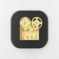 Gold reel tape recorder icon. 3d rendering black square button key, interface ui ux element. photo