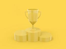 copa ganadora de un solo color amarillo sobre un pedestal sobre un fondo monocromático amarillo. objeto de diseño minimalista. icono de renderizado 3d elemento de interfaz ui ux. foto