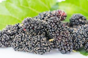 Close up mulberry fruit with green leaf photo