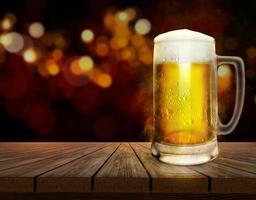 beer glass with water drops on wooden table shining bokeh background. 3d render photo