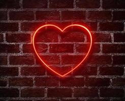 Bright hearts neon sign.Retro red brick wall background background.Happy Valentine's Day design