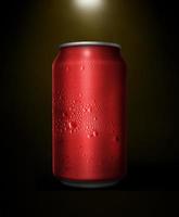 Concept of thirst and quenching thirst. Red metal can with cola or beer. Drops of condensation on the surface photo