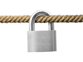 key lock on rope on white background closeup photo