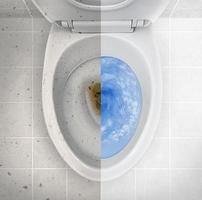 Photos before and after cleaning a dirty toilet, the result of using different detergents from large pollution