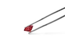 Dazzling diamond red on white background held in diamond tweezers. 3d render photo
