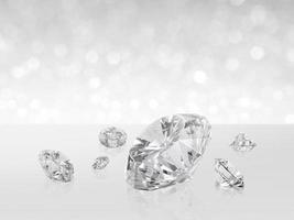 Group of diamonds placed on white background on the right with bokeh. 3D render photo