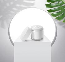 Whitening cream in a glistening white spherical base packaging. with light shining through windows and tropical plants, for cosmetic advertisements photo