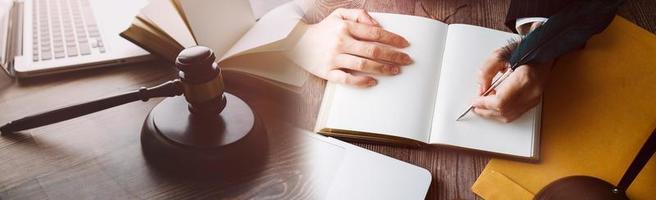 Business and lawyers discussing contract papers with brass scale on desk in office. Law, legal services, advice, justice and law concept picture with film grain effect photo