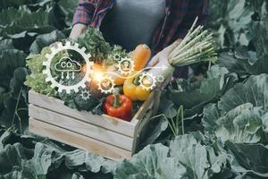 Futuristic businessman farms vegetables and crops using modern AI technology using mobile phones, temperature and humidity sensors, water tracking, climate control, holographic data data icons. photo