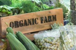 Fresh organic produce in wooden box photo