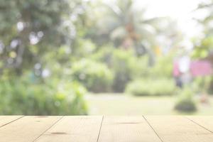 wooden table and backyard blur background photo