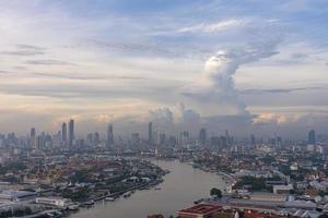 Cityscape of Bangkok at sunrise with View of Grand Palace and Chao Phraya River From Above