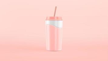 3D rendering paper cup pink strawberry milkshake, milk. Slow motion wave splash. Craft, plastic cup with a straw cartoon style. photo