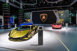 FRANKFURT, GERMANY - SEPT 2019 yellow golden LAMBORGHINI SIAN FKP 37 is a mid-engine hybrid sports car. It is the first hybrid production vehicle produced by the brand, IAA International Motor Show Au photo