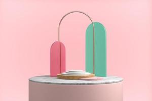 3D rendering abstract composition in pink, pastel color. Minimal podium, product show. Arch of gold, green and red glass on a wooden step. Copy space, luxury web application background photo