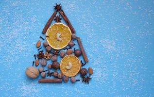 Christmas tree made of hazelnuts, walnuts, spices and orange slices, snow from coconut chips on a blue background. High quality photo