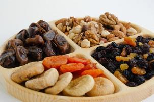 combined plate with dried fruits and nuts. in each compartment of the plate there is food photo