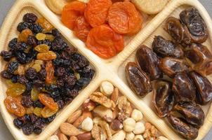 combined plate with dried fruits and nuts. in each compartment of the plate there is food photo