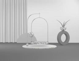 3D rendering abstract podium presentation of goods. Marble pedestal with a shiny silver arch and chain, curtain, decorative flower of different colors in pastel white, gray. Minimal online store page photo