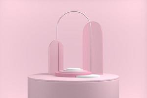 3D rendering abstract display product, podium pastel pink background. Minimal advertising exhibition arch, decorative element, simple geometric form copy space. Premium light art mockup online trading photo